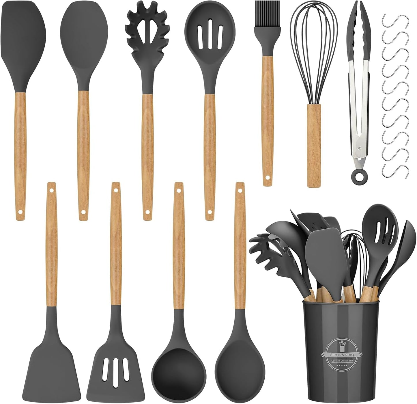 Silicone Kitchen Utensils Set, 22 PCS Silicone Cooking Utensils Set with Wooden Handle, BPA Free, Food Grade Non Stick Coating Spatulas Kitchen Utensils (Grey) BST202