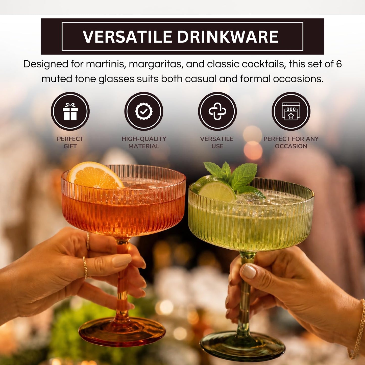 Khen Pink Peach Acrylic Ribbed Coupe Martini Champagne Cocktail Glasses, Set of 4, 8 oz Shatterproof Ripple Stemware European Style Reusable Drinkware Goblets, Indoor Outdoor Parties Weddings Bar Gift BST220