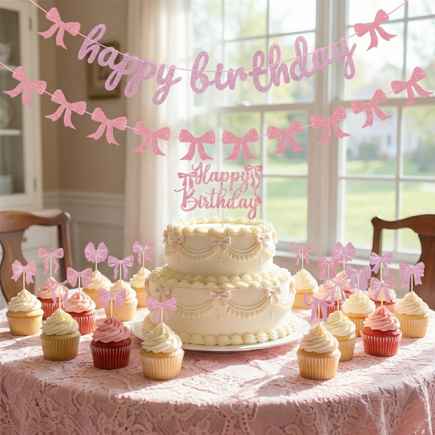 33Pcs Pink Bow Birthday Decorations Coquette Party Decorations with Happy Birthday Banner, Cake Topper, Bow Cake Decoration, Bowknot Cupcake Toppers for Bday Bridal Shower Bachelorette Valentine's Day BST220