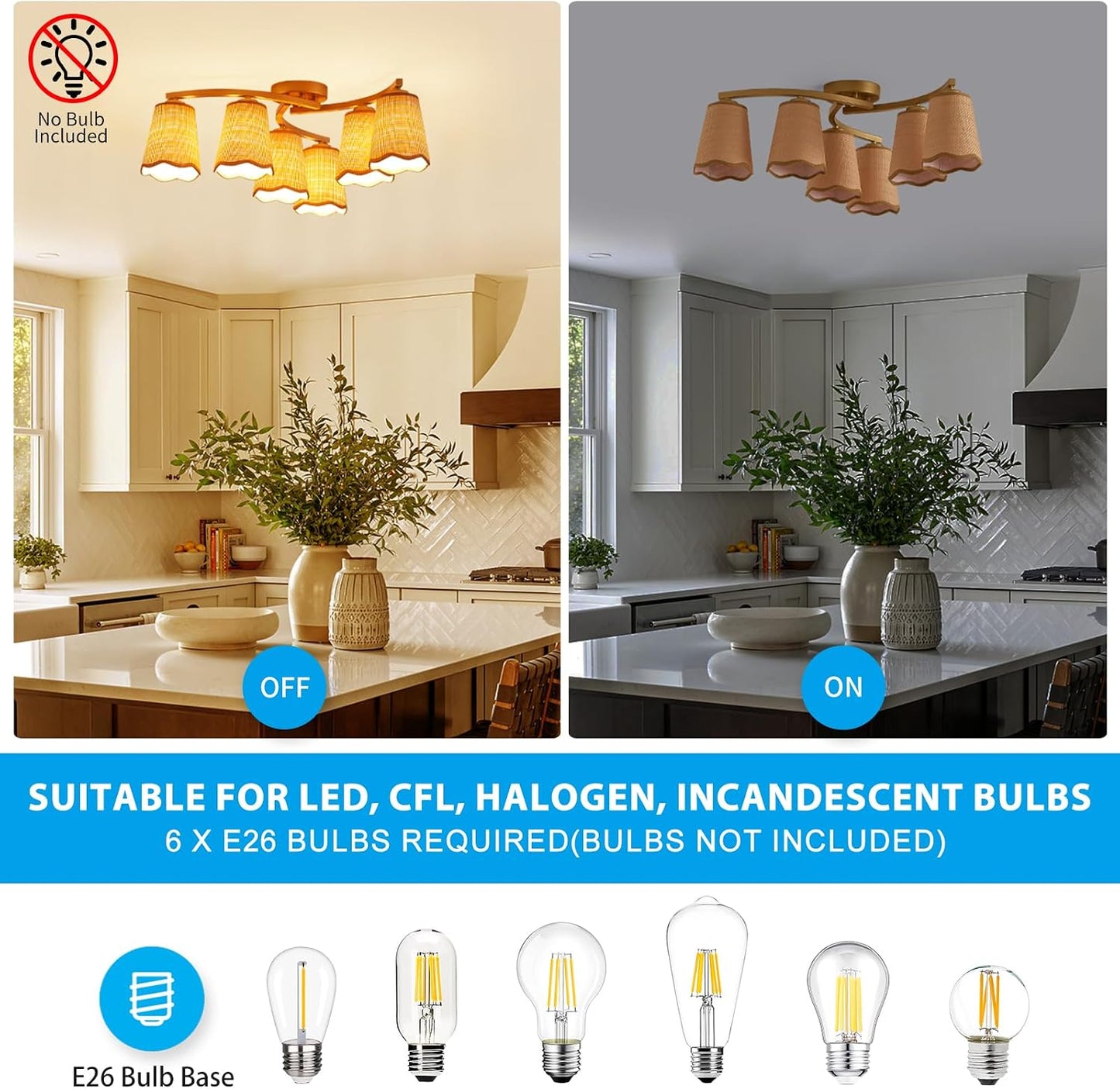 XINGQI 22.8" Boho Rattan Chandelier 6 Lights Rustic Farmhouse Semi Flush Mount Ceiling LightIing Fixture Woven Fabric with Gold Meatl Lampbody for Kitchen Island Bedroom Dining Room WN420