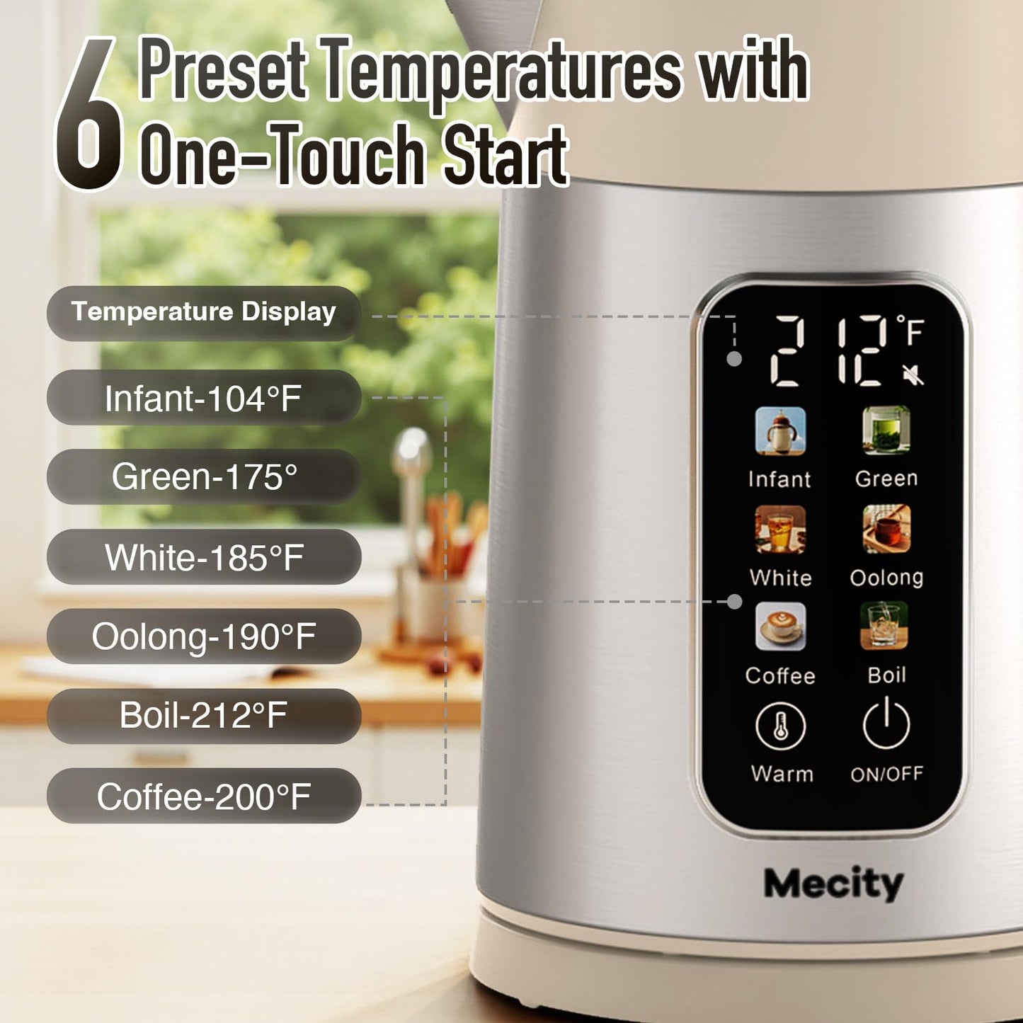 Mecity Electric Kettle 1.7L Touch Screen Temperature Control Water Boiler, No Plastic Contact with Water. 6 Preset Temperature Programs, 2 Hours Keep Warm, Auto Shut Off, Dark Grey DD1210