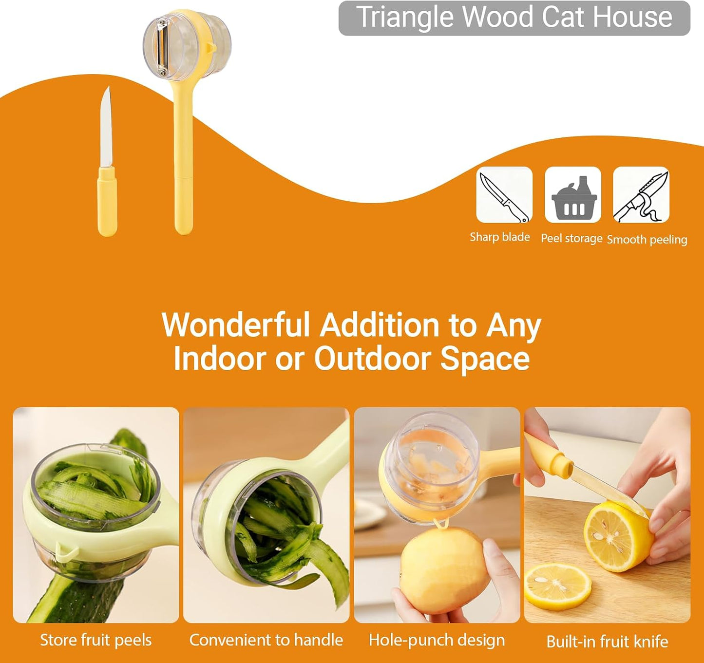 3-in-1 Vegetable Peeler with Storage Container - Stainless Steel Blade, Built-in Knife in Handle, Catches Peels, for Kitchen, Backyard BBQs, Picnics, Outdoor Parties - Easy Clean (Yellow) BST202