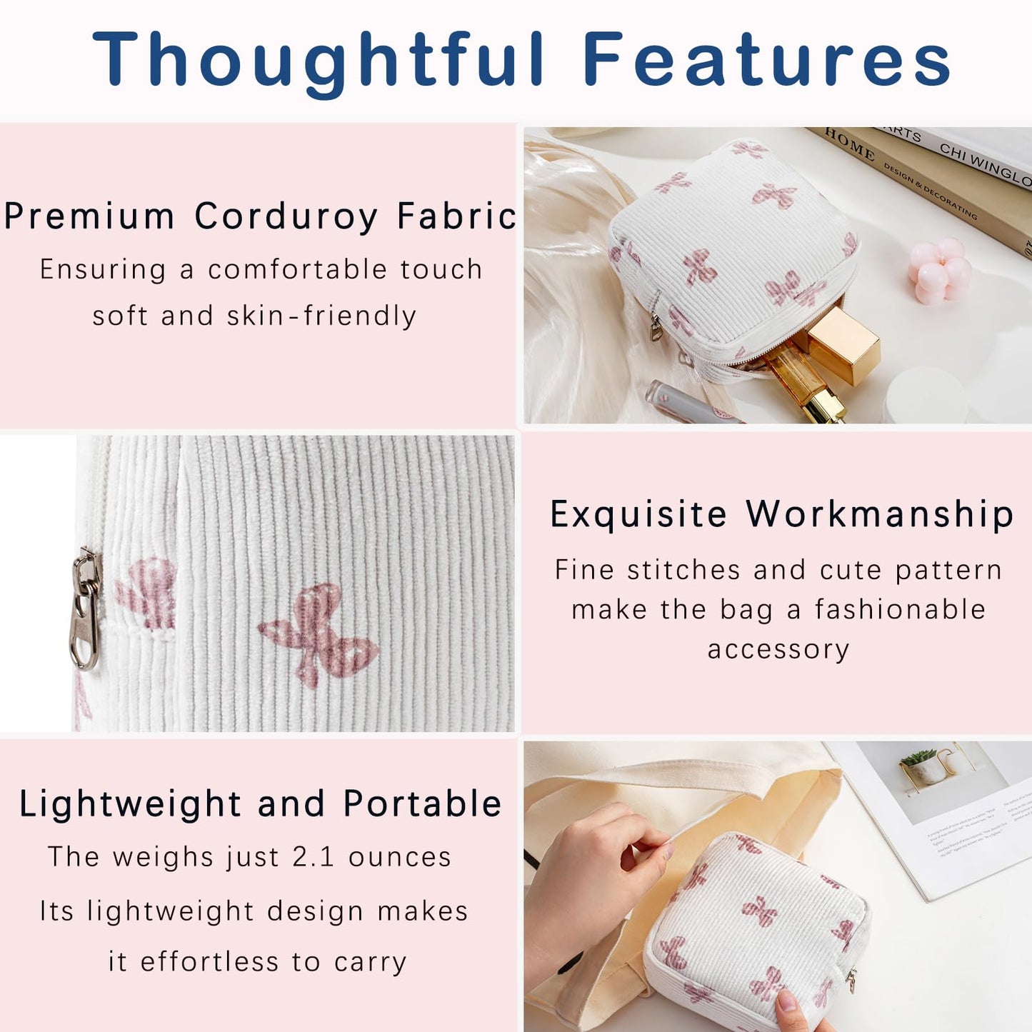 uekeboag Cute Small Corduroy Zipper Makeup Bag, Mini Coquette Aesthetic Pouch with Bear Pattern for for Purse,Key Pocket Lipstick Bag Card Holder Data Cable Organizer (12Hot Pink) BST220