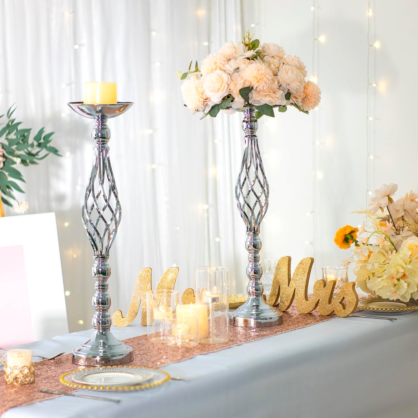 2pcs Metal Silver Candle Holders Road Lead Table Centerpiece Stand Pillar Candlestick for Wedding Candelabra Flowers Vases WN420