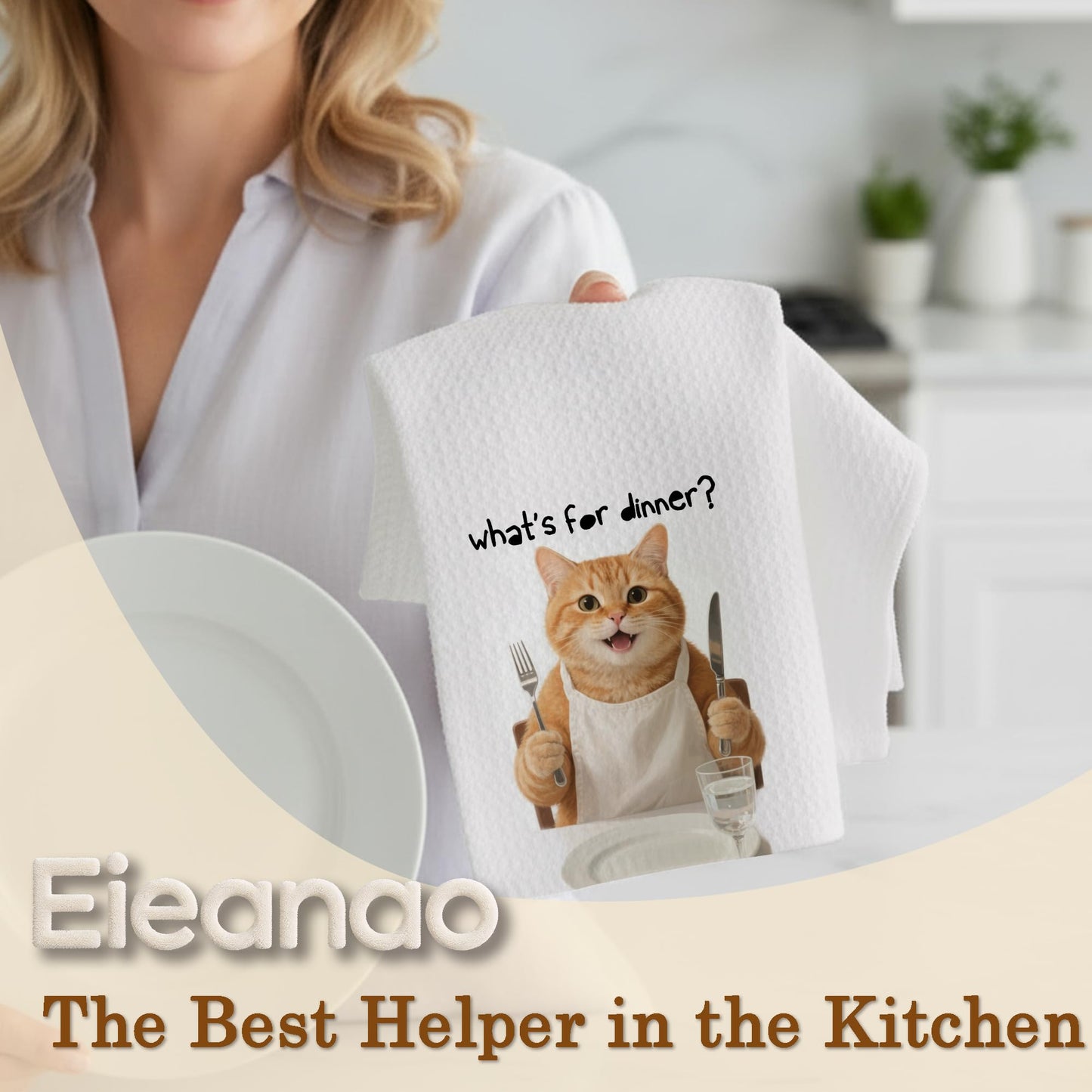 Funny Cat Gifts Kitchen Towels, Cute Cat with Knife and Fork Microfiber Dish Tea Towel for Kitchen Decor, Funny Cats Cooking Decor, is It Dinner Time Yet, 16x24 Inch BST220
