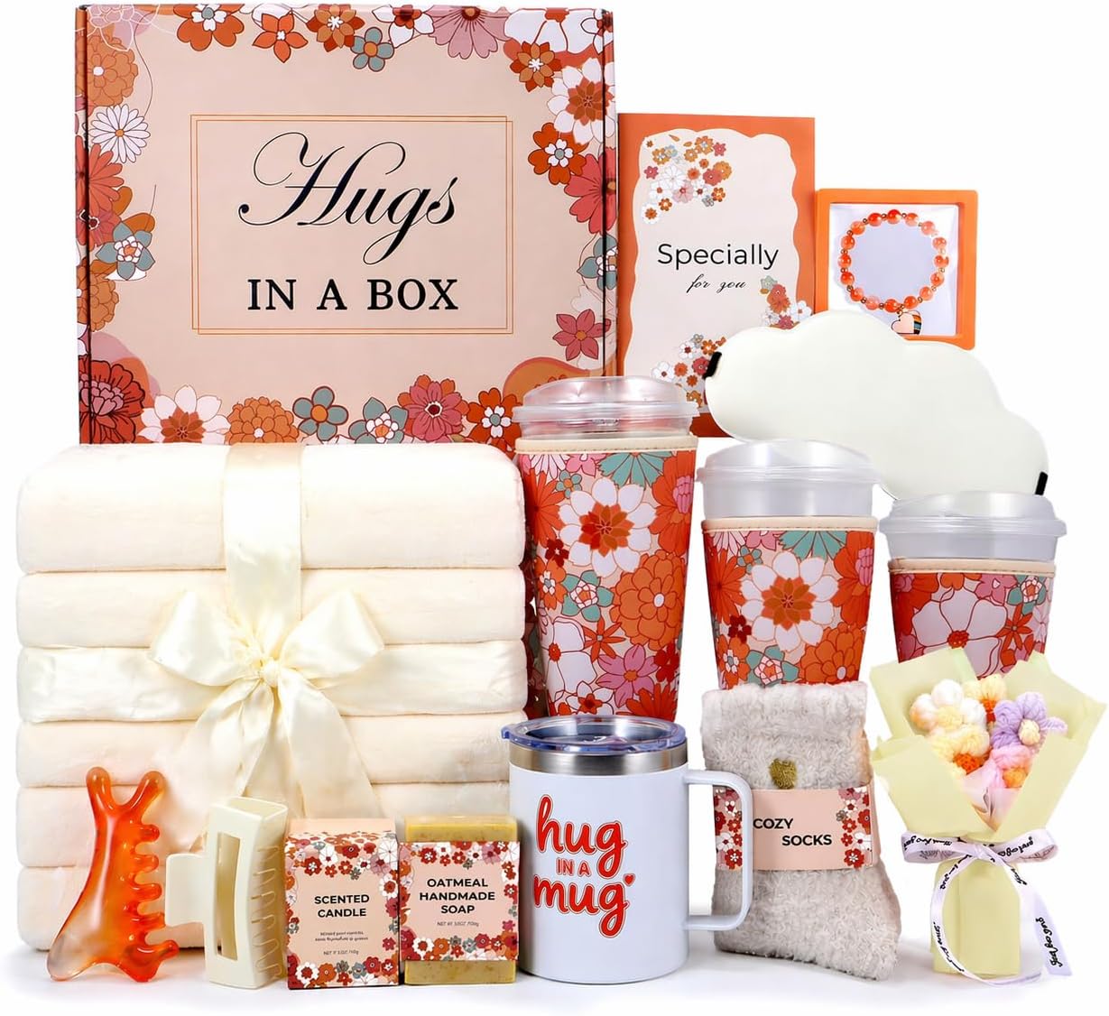 15Pcs Get Well Soon Gifts for Women, Care Package with 12oz Tumbler, 3-Pack Coffee Sleeves, Blanket & Flower, Gift Basket for Surgery Recovery, Birthday, Sympathy WN420