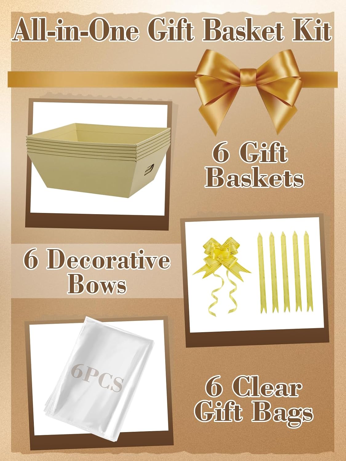 Beeplove 6 Sets Large Thick Kraft Baskets for Gifts Empty - Gift Baskets Empty Kit with Cellophane Wrap and Pull Bows for Easter Wedding Birthday Bridesmaid Baby Shower, Yellow WN420