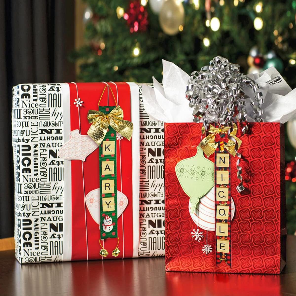 UNIIDECO Christmas Crafts Ornament Kits for Adults Kids, Xmas Tree Ribbon Name Ornaments DIY Making, Holiday Family Tree Decoration Sets, Letters Tiles Home Decor Ideas for Navidad Stocking BST326H