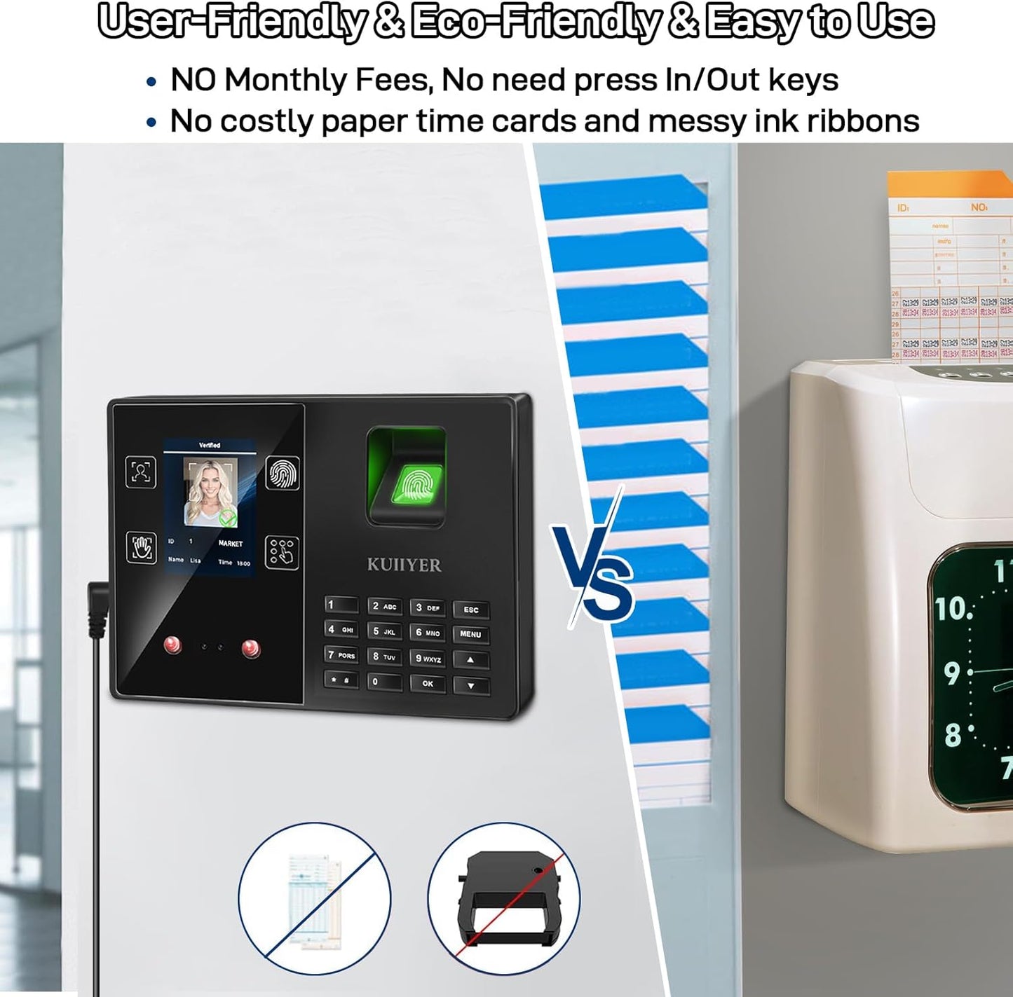 KUIIYER 4 in 1 Employees Time Clocks for Small Business (Face + Fingerprint + Palm Print + PIN) Employee Clock in & Out Machine Biometric Attendance Punch Clock Recorder Tracker (No Monthly Fee)