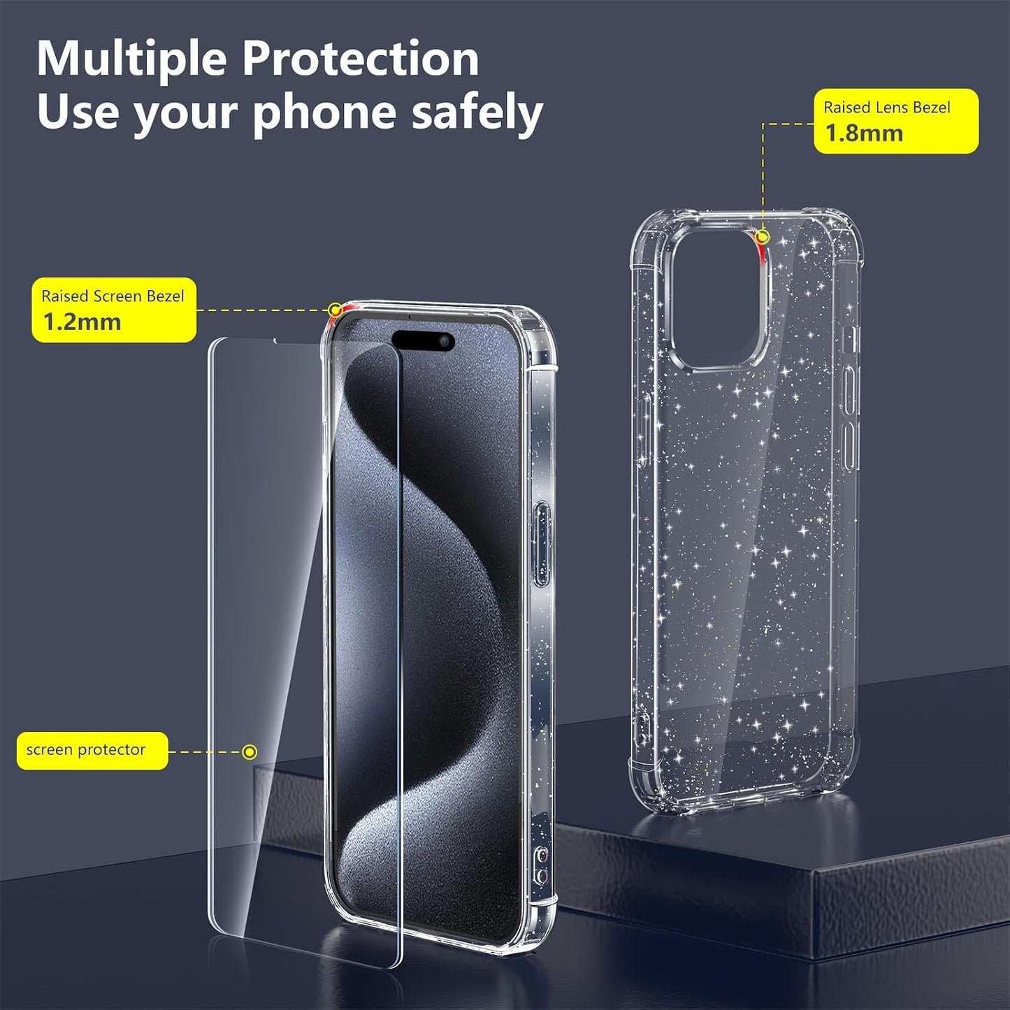for iPhone 15 Pro Case Glitter with 2 Pack Screen Protector + 2 Pack Camera Lens Protector, Clear Glittering Cute Phone Case Shockproof Soft TPU Bumper Cover for Women Girls WN420