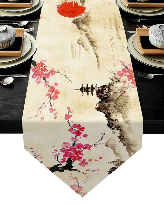 Sweetshow Cherry Blossom Table Runner 13x70 Inches Long Polyester Vintage Style Design Floral Table Runner Suitable for Holiday Party & Wedding & Kitchen & Dining Room Tables Decor BST220