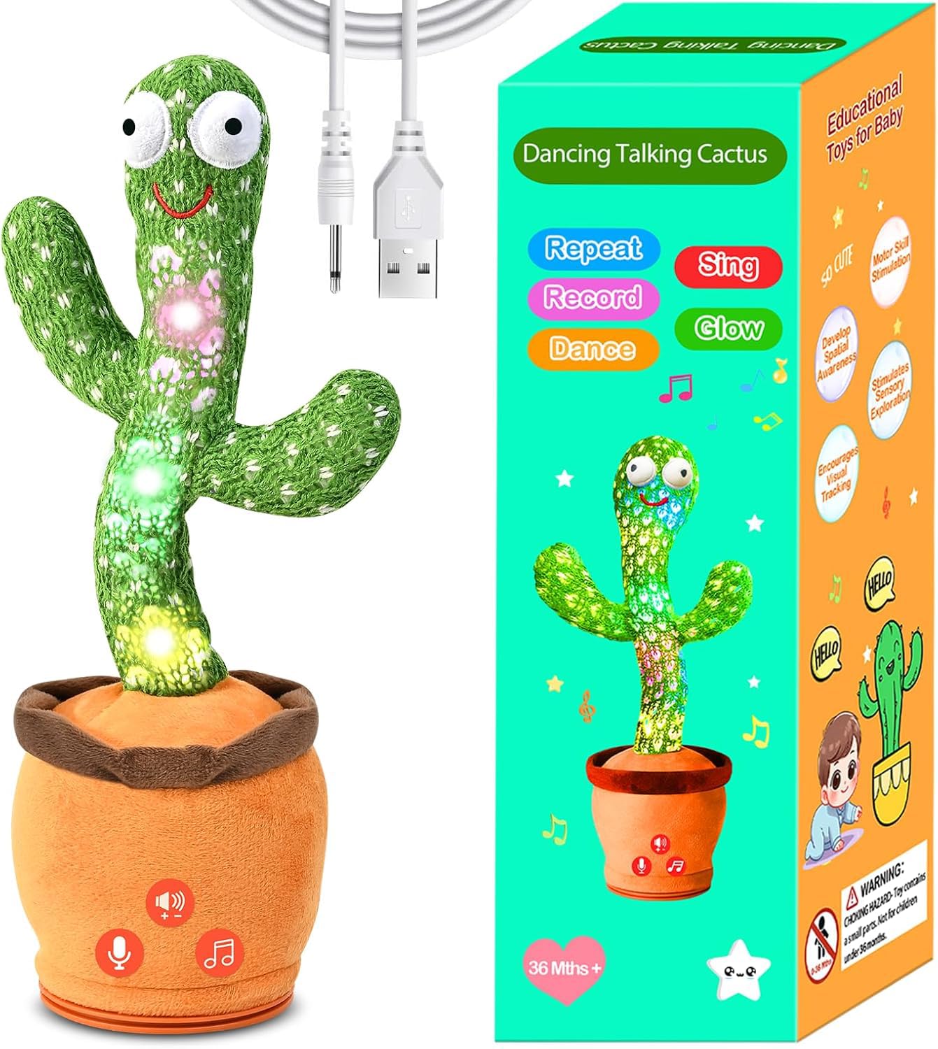 Rechargeable Baby Toys 3-6 6-12 12-18 Months Dancing Talking Cactus N26