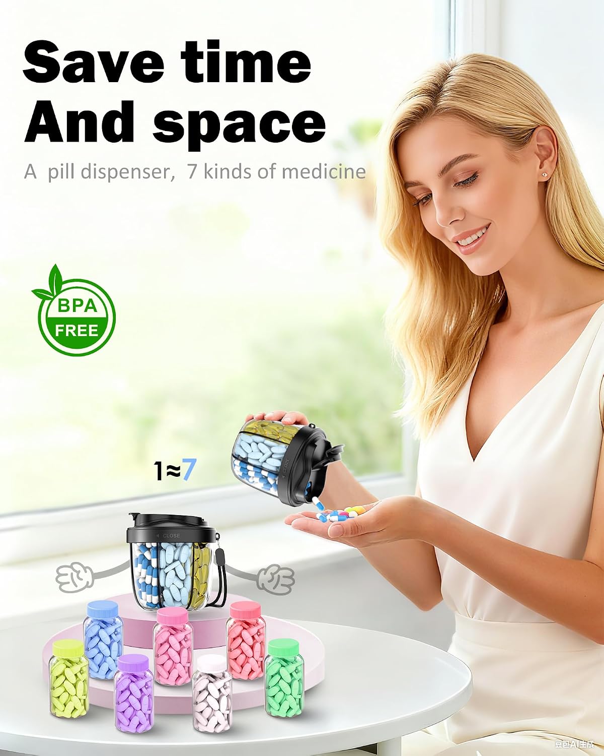 Cute Pill Organizer,Pill Dispenser with 7 Large Compartments,Portable Pill Bottle Box with Wide Opening for Easy Use, Anti-Mix Pills Organizer for Travel,Includes 20 Pcs Sticky Labels(Black) WN420