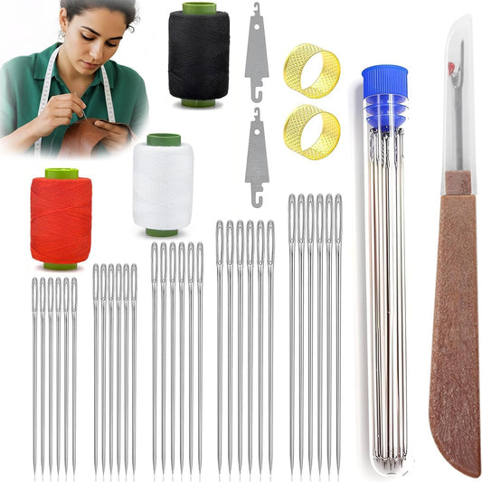 JANTORSGD Steel Needles for Hand Sewing, Big Eye Steel Sewing Needles Kit, Stainless Steel Sewing Needles and Threaders for Handicraft Enthusiasts, Portable DIY Handcraft Set, 34Pcs BST220
