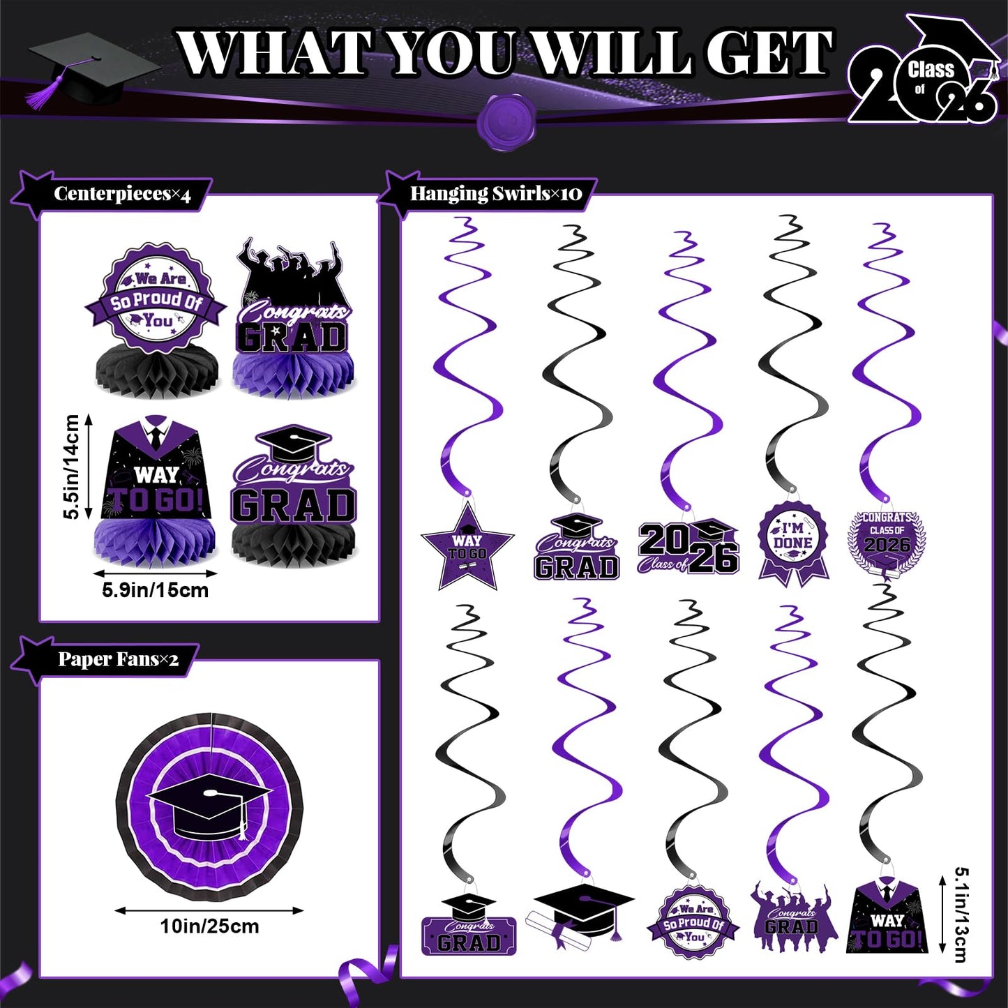 Graduation Decorations 2026-Blue and Black Graduation Party Decorations Supplies Class of 2026 with Graduation Banner, Backdrop, Balloons, Centerpieces, Hanging Swirl for Grad Party BST326H