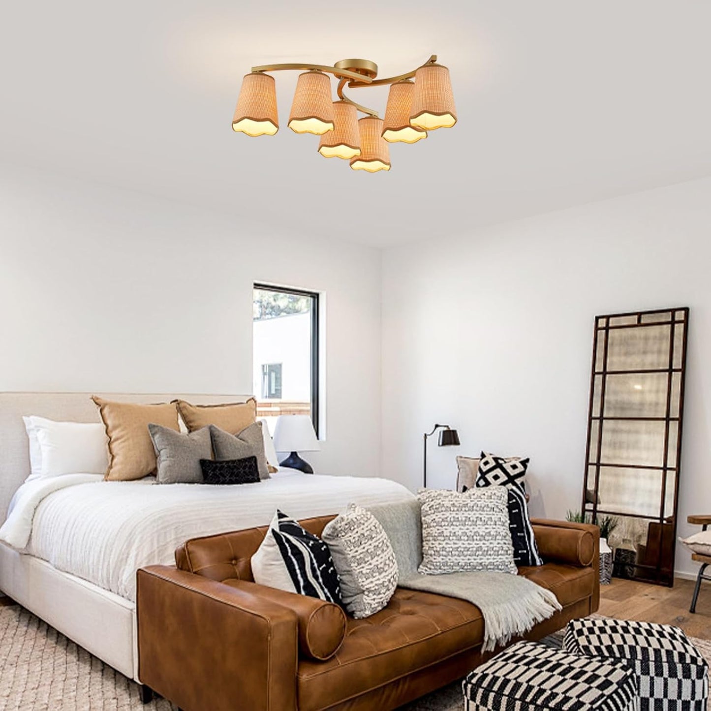 XINGQI 22.8" Boho Rattan Chandelier 6 Lights Rustic Farmhouse Semi Flush Mount Ceiling LightIing Fixture Woven Fabric with Gold Meatl Lampbody for Kitchen Island Bedroom Dining Room WN420