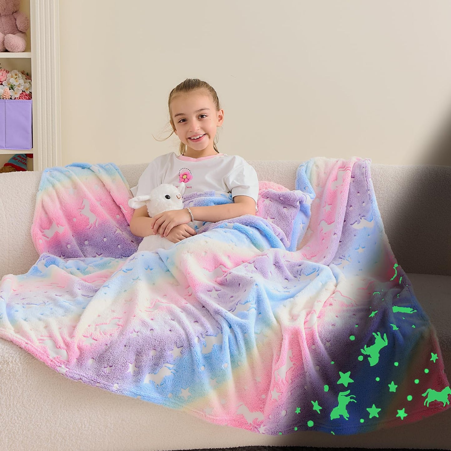 Wajade Unicorn Gifts for Girls - Glow in The Dark Unicorn Blanket Birthday Christmas Decor for Kids Age 3 4 5 6 7 8 9 10 11 12 Years Old Teens Child Toddler Throw Violet 60"x80" BST202