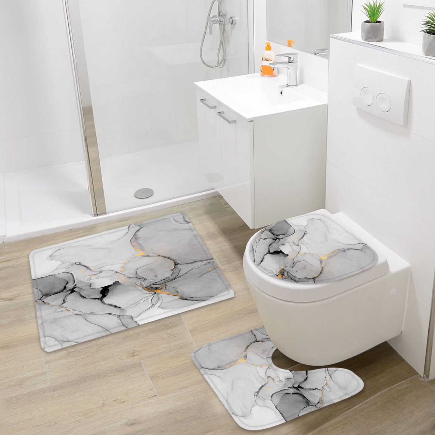 Gibelle 4 Pcs Bathroom Shower Curtain Set with Non-Slip Rugs, Toilet Lid Cover and Bath Mat, Grey Blue Marble Bathroom Decor Set with Shower Curtain and Rugs and Accessories BST326H