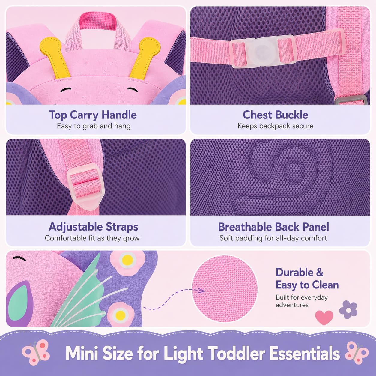 CAMTOP Cute Kids Toddler Backpack Small 3D Cartoon School Bookbags Age 1-3 Daycare Nursary Travel Bags (Butterfly-pink) BST326H