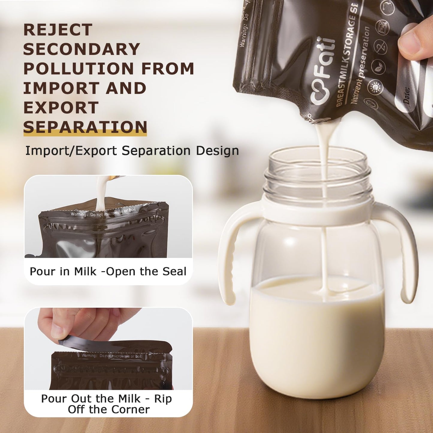 FATI Breastmilk Storage Bags-200 Pcs, 8Oz Blackout Breast Milk Storing Bag with Pour Spout for Baby Bottle Feeding/Breast Pump, No-Leak Milk Freezer Storage Pouches Self-Standing, Baby Essentials WN420