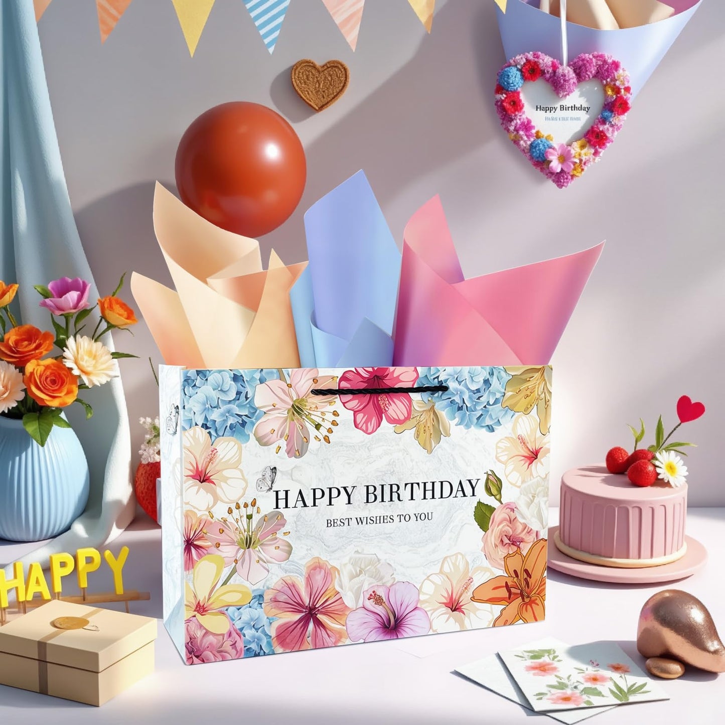 Kecorax Birthday Gift Bag for Women, 14" Large Birthday Bags Set for Girls with Tissue Paper, Card and Ribbons, Suitable for Birthday-themed Parties BST220