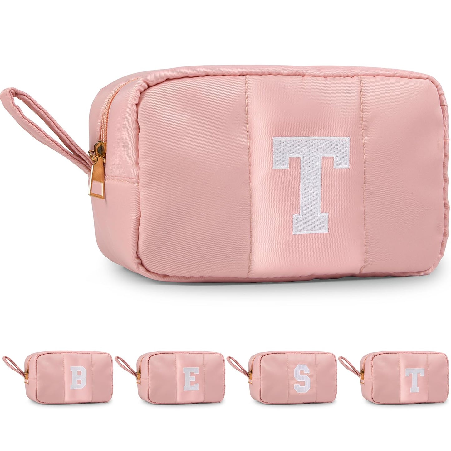 Puffy Makeup Bag for Women,Initial Cosmetic Bag,Cute Travel Toiletry Bag,Puffer Make Up Organizer Bags with Compartments,Personalized Gifts for Girlfriend Bridesmaid Teacher Graduation (Khaki gray, E) BST202