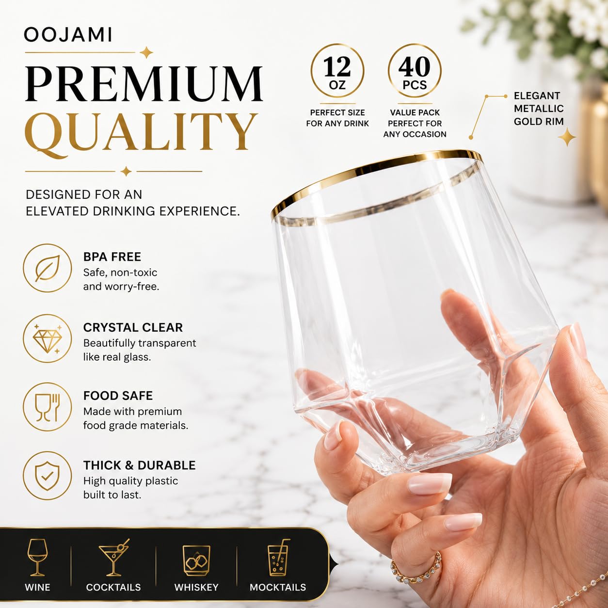 Oojami 40 Pack Diamond Disposable Plastic Wine Glasses 12oz for Parties | Stemless Wine Cups, Champagne Cocktail Whiskey - Shatterproof Unbreakable Reusable Recyclable BPA-Free, Weddings Birthday BST220