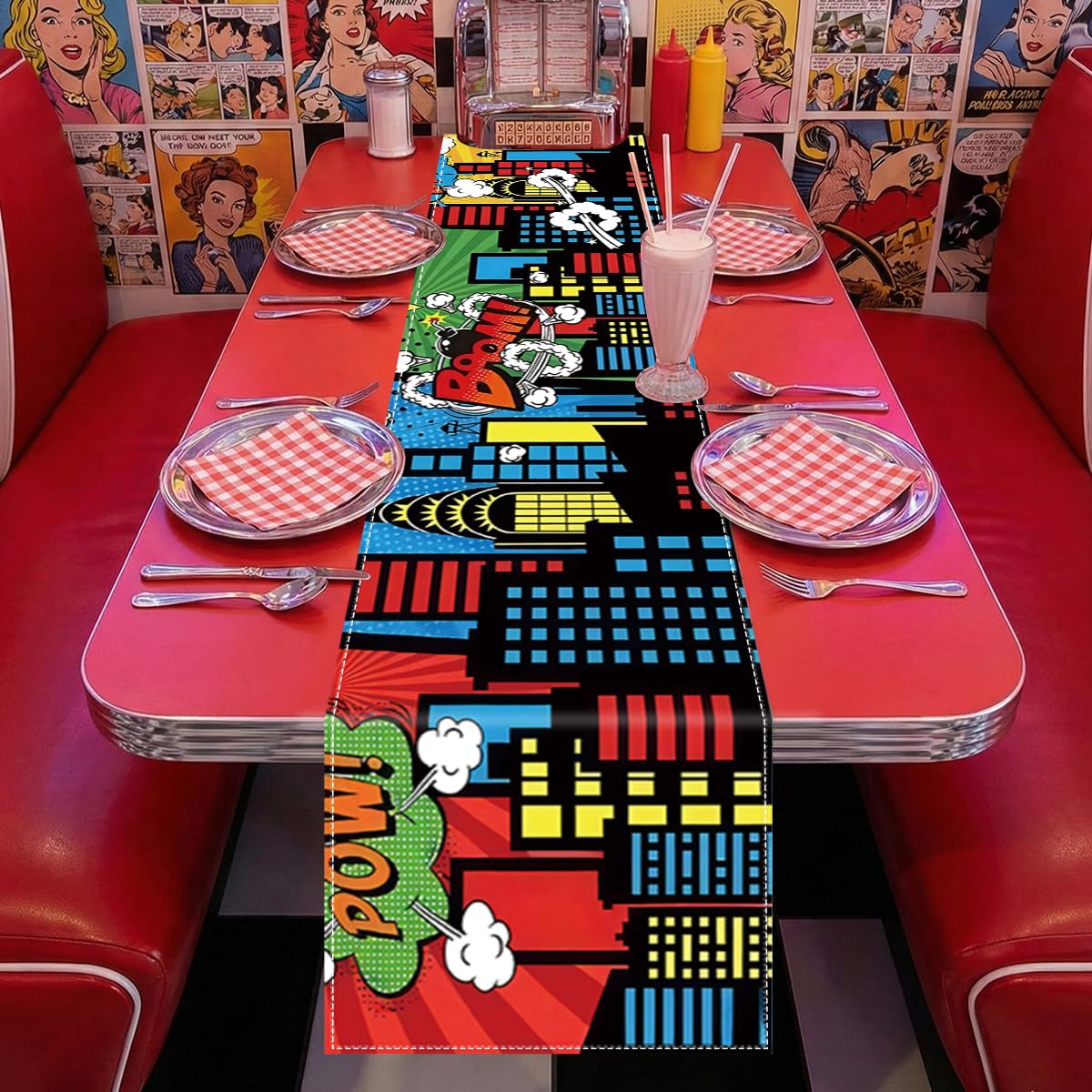 JCJT Extra Long Superhero Party Table Runner 90 Inches (Approx), Comic Book Theme Decorations, Pop Art Retro Style for Candy Buffet Table, Boys Birthday Event Supplies, 14 x 90 Inch BST220