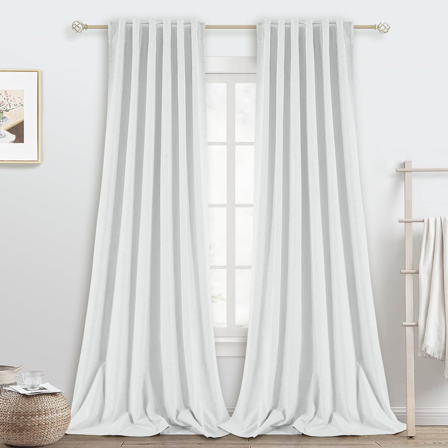 PANGSINNE Short Curtains for Windows Bathroom, 100% Blackout Linen Boho Back Tab Pleated Cafe Curtains for Kitchen Bedroom, 54 Inch Length 2 Panels Set, Dusty Blue BST326H