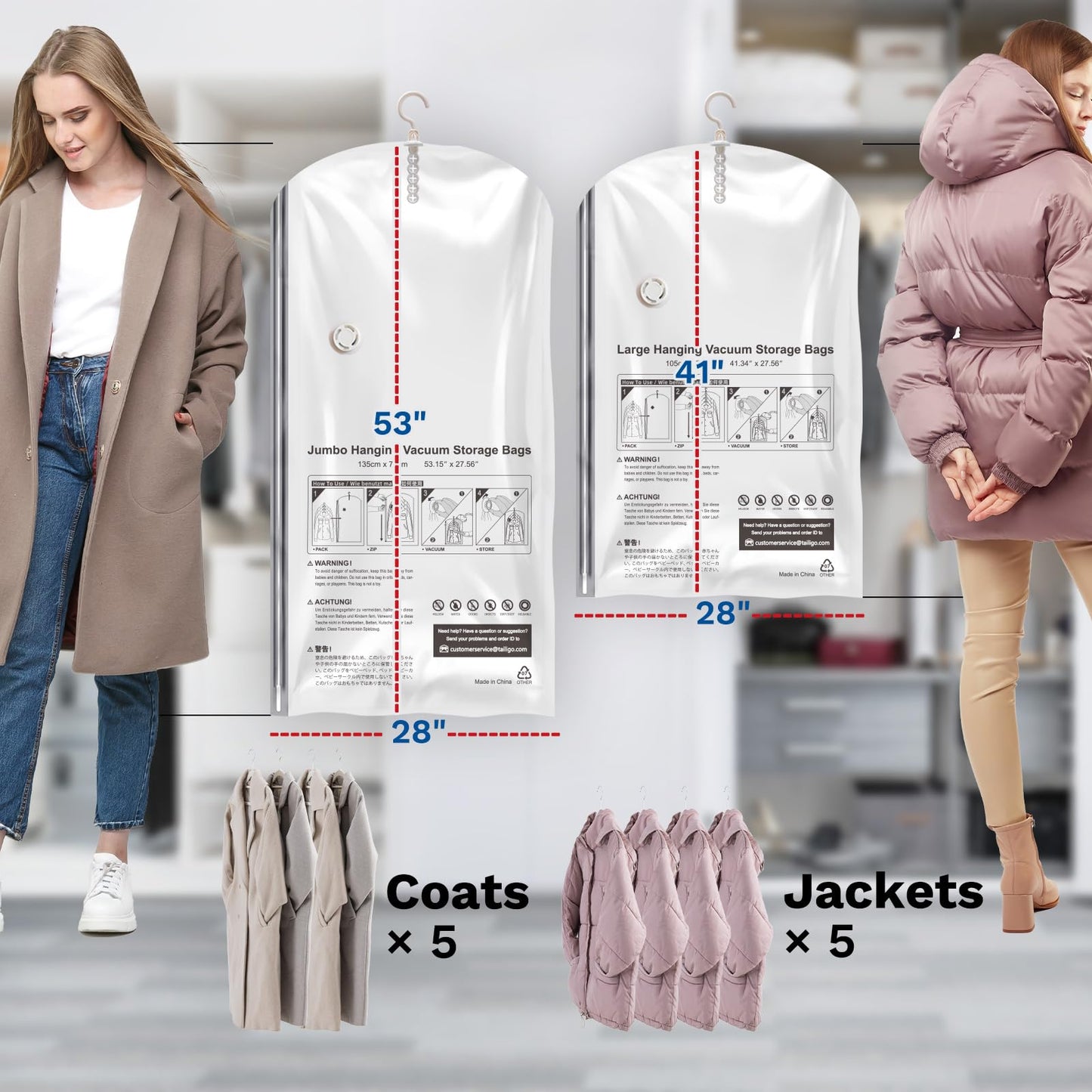 Hanging Vacuum Storage Bags, 6 Pack Hanging Storage Bags for Clothes With Electric Pump N27