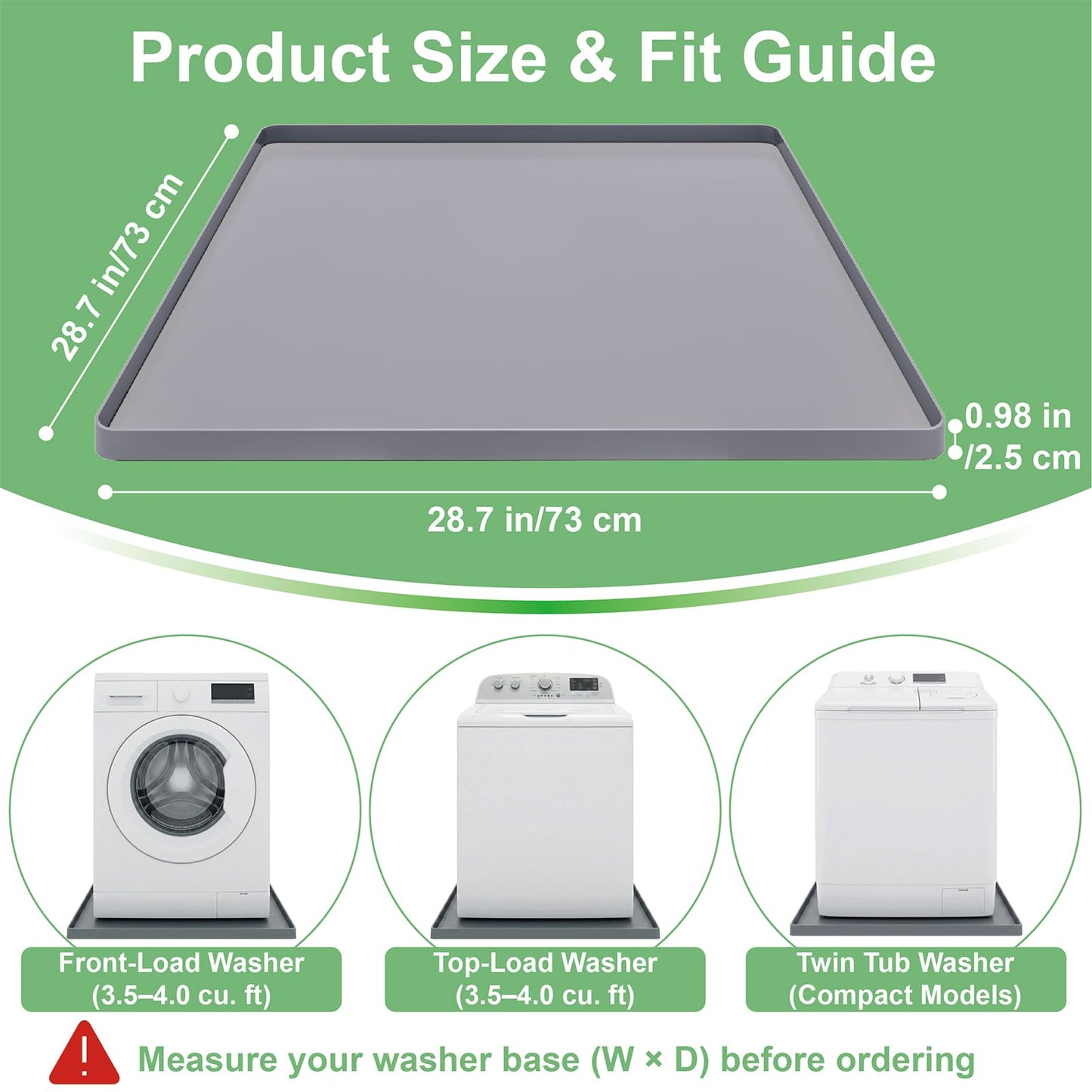 27 x 27 Inch Washing Machine Drain Pan, Silicone Washer Pan, Grey | 2cm Raised Waterproof Edge, Washer and Dryer Mat for Floor Protection, Fits Compact Washers Up to 3.5 Cu.Ft. BST220