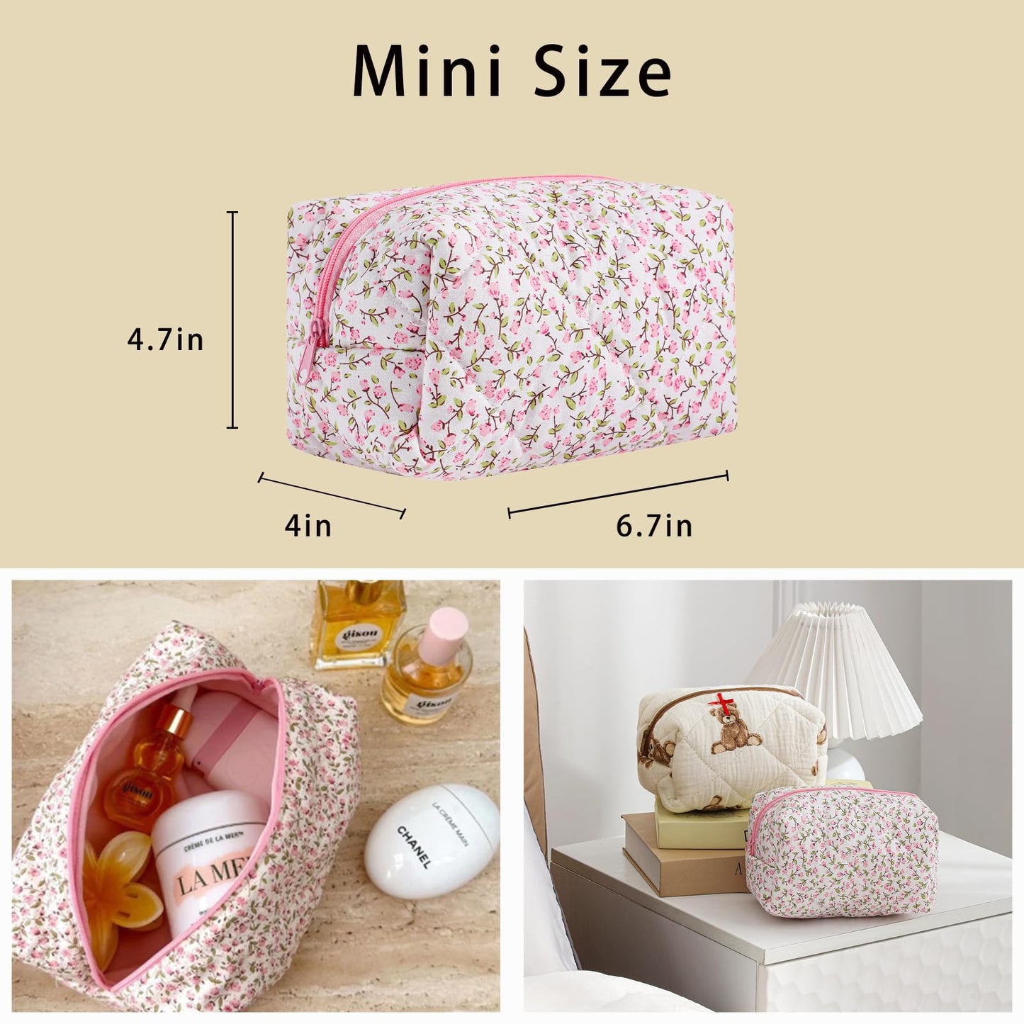 Cute Small Floral Cotton Makeup Bag, Quilted Zipper Pouch with Coquette Bear for Women and Girls, Kawaii Travel Cosmetic Bags for Purse(07Yellow and Pink Flower) BST220
