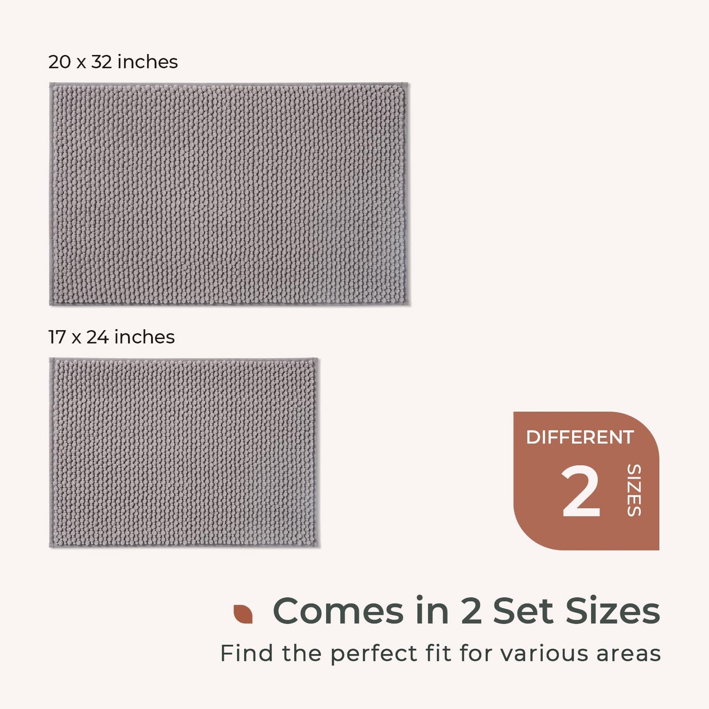 FRESHMINT Chenille Bathroom Rugs Sets 2 Piece 17"x24"+20"x32", Non-Slip Bath Mats, Absorbent Bath Rug, Washable Set of 2 Shower Floor Mat, Gray BST220
