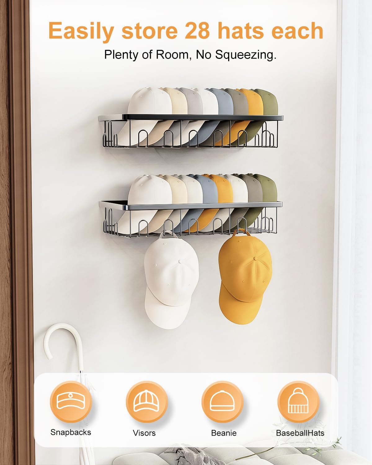 Hat Rack for Wall, 2 Pack Large Hat Organizer with More Hooks, Holds 56 Caps, Metal Wall Mounted Hat Holder for Baseball Caps, Closet Bedroom Kitchen Bathroom, Black WN420