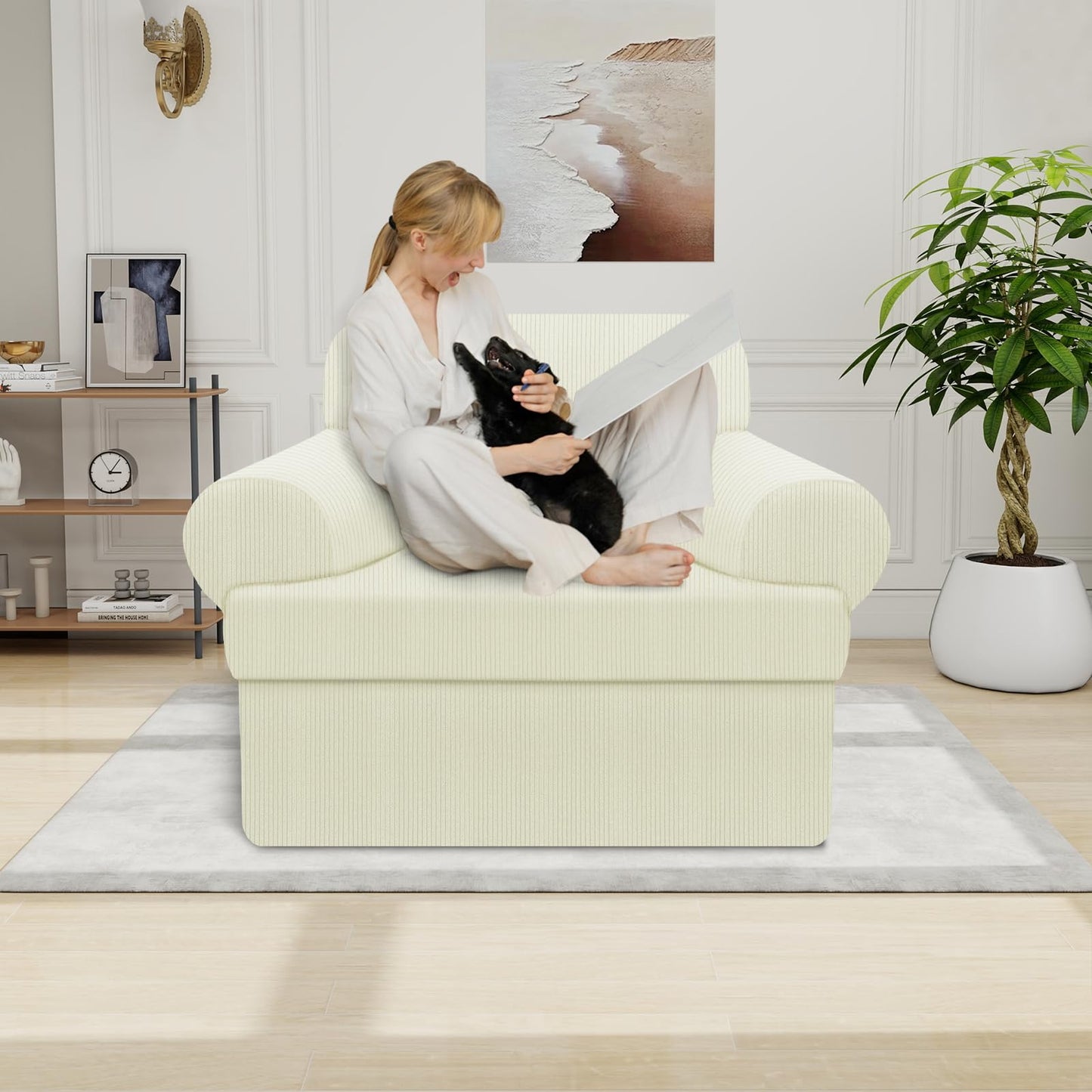 Waterproof Chair Cover with Arms 2-Piece Set Striped Slipcover for 1 Separate T Cushion Couch - TPU Fabric Armchair Covers Leakproof Couch Protector for Kids, Pets(Chair, Beige) BST220