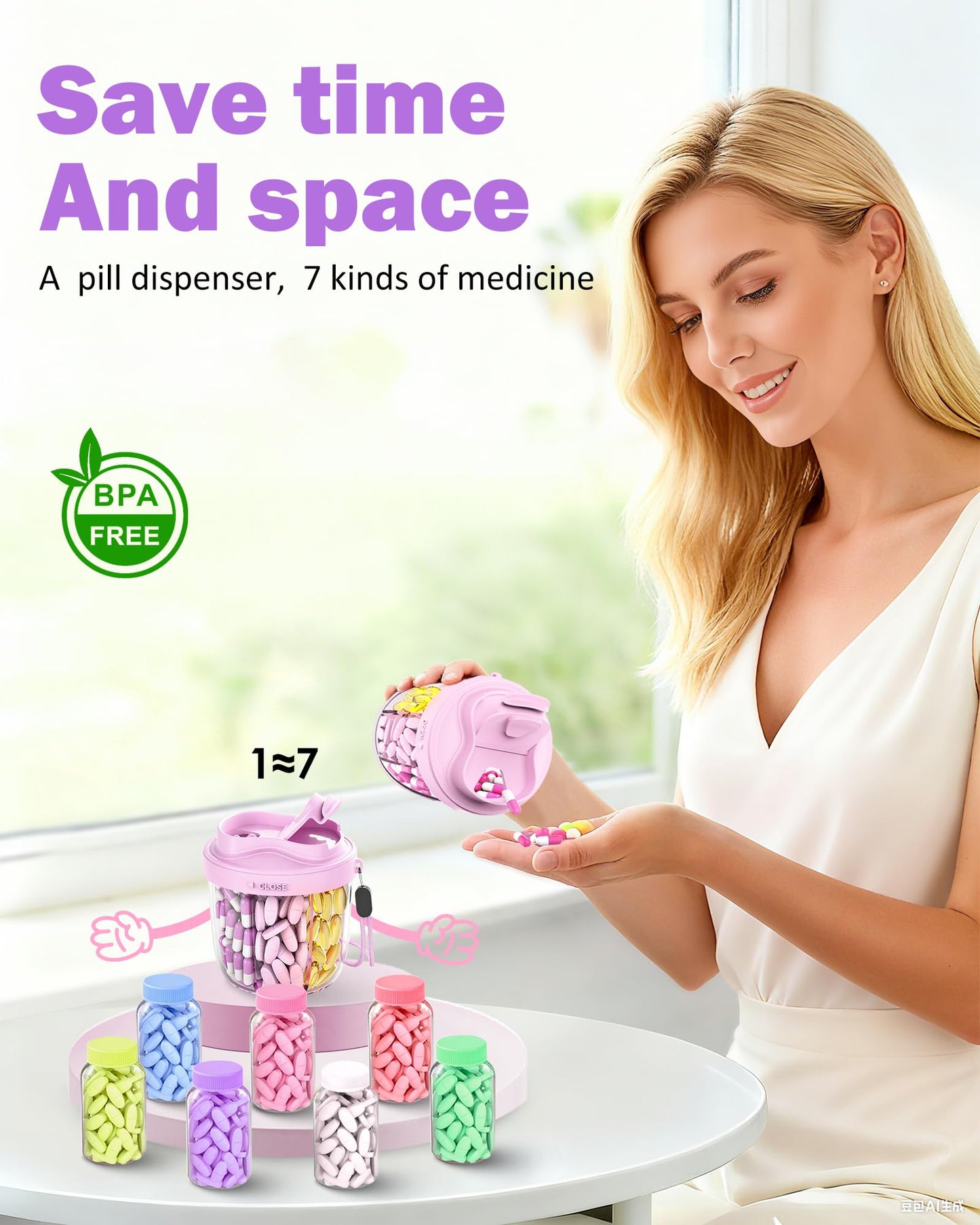 Cute Pill Organizer,Pill Dispenser with 7 Large Compartments,Portable Pill Bottle Box with Wide Opening for Easy Use, Anti-Mix Pills Organizer for Travel,Includes 20 Pcs Sticky Labels(Black) WN420