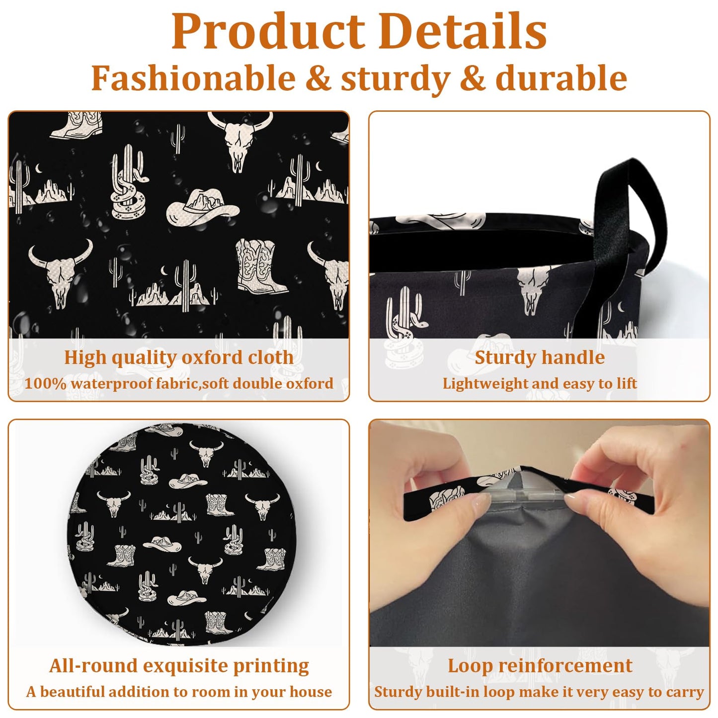 Nature Cow Print Laundry Basket with Sturdy Handles, Cow Skin Collapsible Oxford Cloth Laundry Hamper Organizer Basket for Bathroom Bedroom 15.7x20 Inch BST220