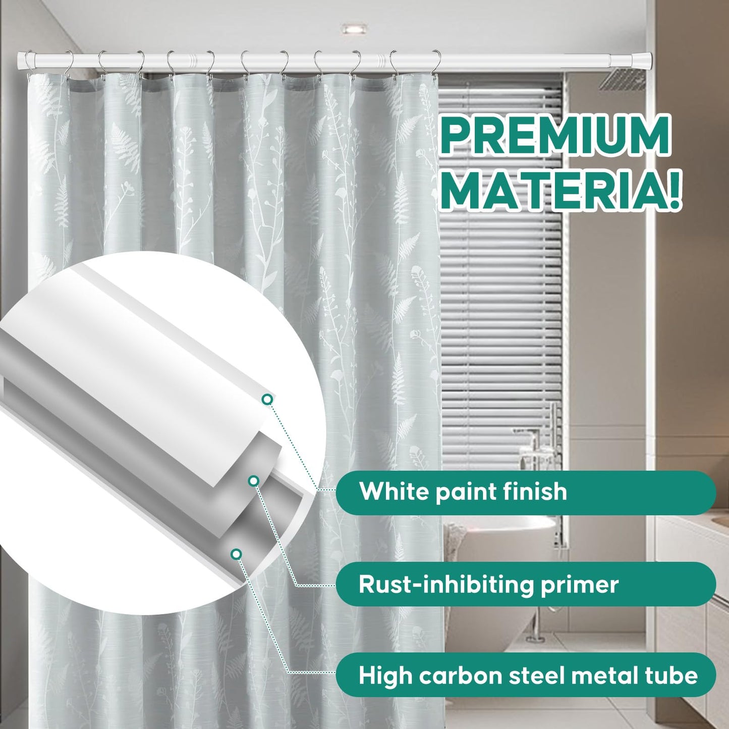 Silver Grey Adjustable Shower Curtain Rod 28-52 Inches 1pc, 7/8" Diameter Anti-slip Heavy Duty Tension Spring Curtain Rod No Drill for Windows Bathroom Kitchen Closet Doorway 22TD28-52SL BST202