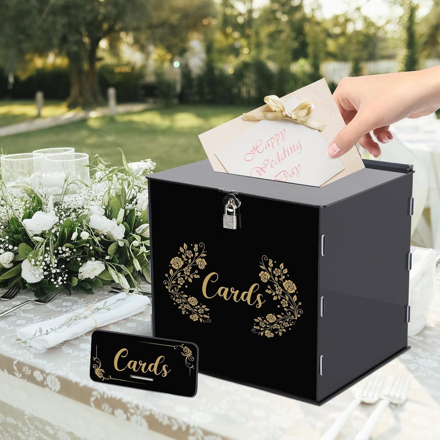 Fowecelt Acrylic Wedding Card Box with Lock Black Card Box DIY Large Rustic Card Box for Wedding Reception Bridal Shower Birthday Baby Shower Party Graduation Decorations (10x10x10 Inch) BST326H