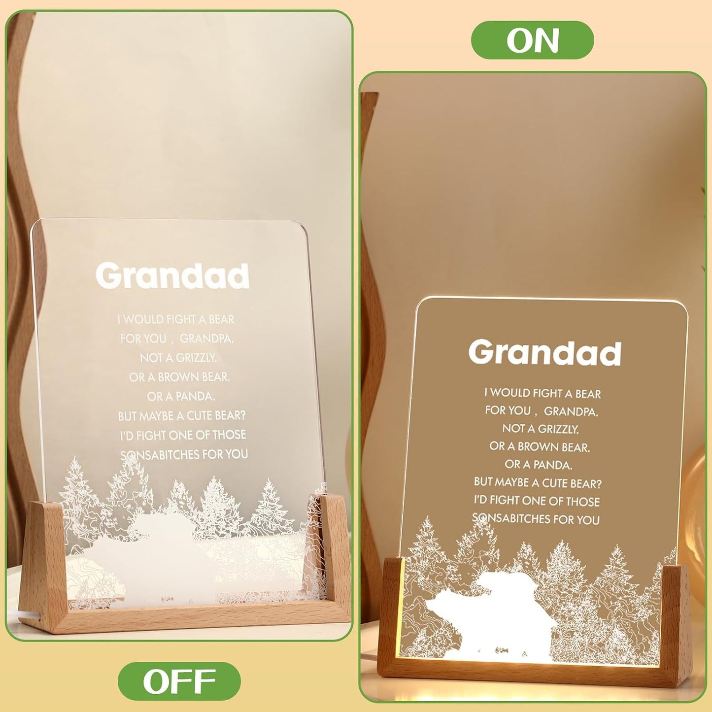 Briwooody Gift for Grandparent Wooden Night Light with Heartwarming Plaque for Unique Meaningful Grandparent's Birthday Day Gift from Grandson Granddaughter(Granddad) WN420