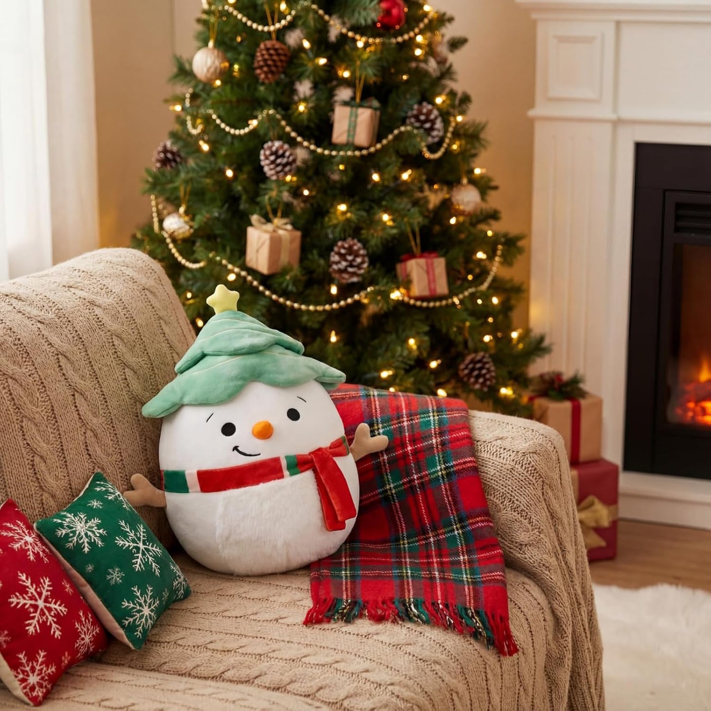 Snowman Noel Plush Toy with Tree Hat and Scarf, 11" Holiday Hug Pillow WN420