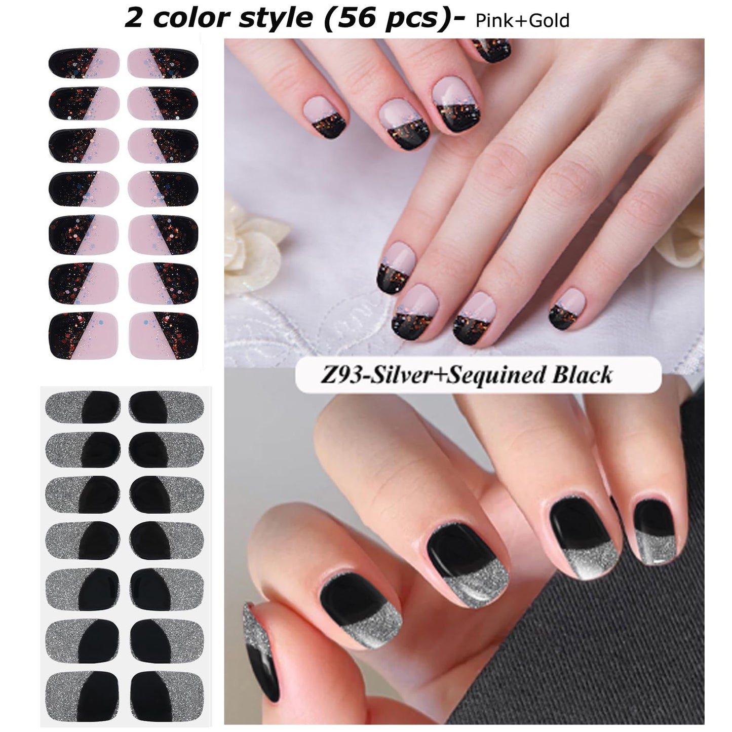 Semi Cured Gel Nail Strips, 56Pcs Nail Art Stickers/Wraps, Long Lasting UV Nail Polish Strips for Adults (Silver Rhinestones+French Tip Glitter) BST220