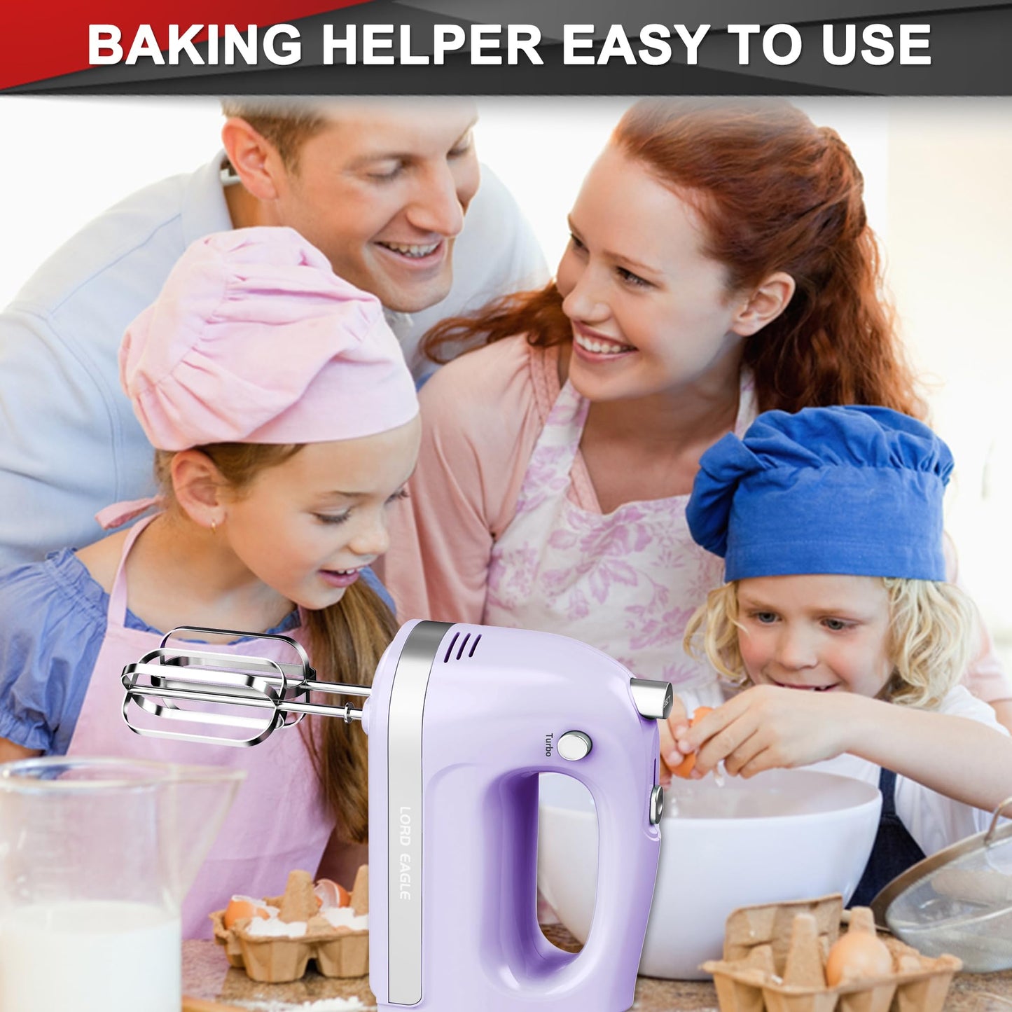 Lord Eagle Hand Mixer Electric Handheld 400W, 5-Speed Lightweight Kitchen Mixer with Storage Case, 5 Stainless Steel Attachments for Baking Cake Egg Cream Food Beater, Turbo+Eject Button, Pink