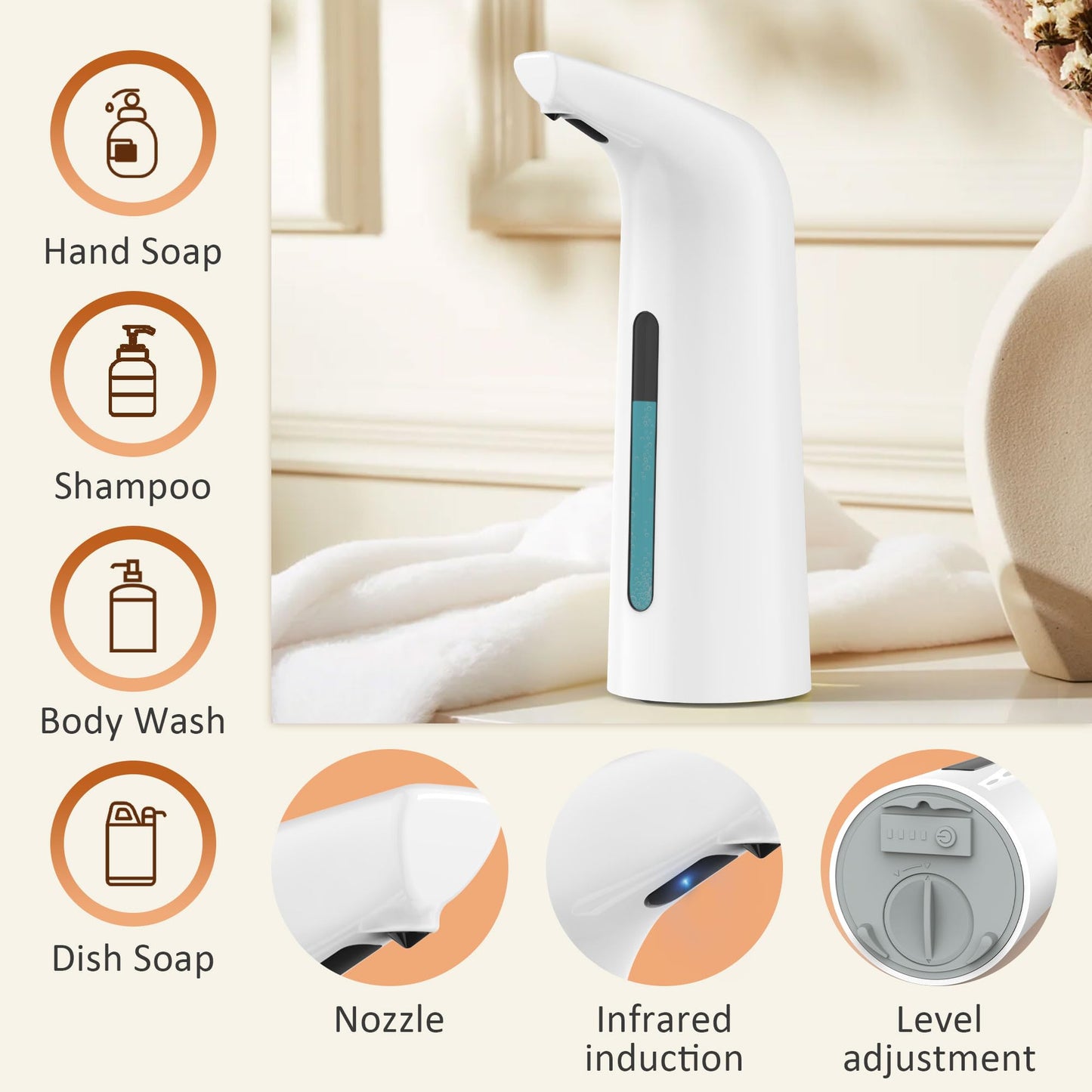 Automatic Soap Dispenser Touchless,400ML Hand & Dish Countertop Electric Liquid Dispenser with Sensor,Modern 4 Gear Adjustable Black Waterproof Battery Operated Kitchen Auto Soap Pump WN420