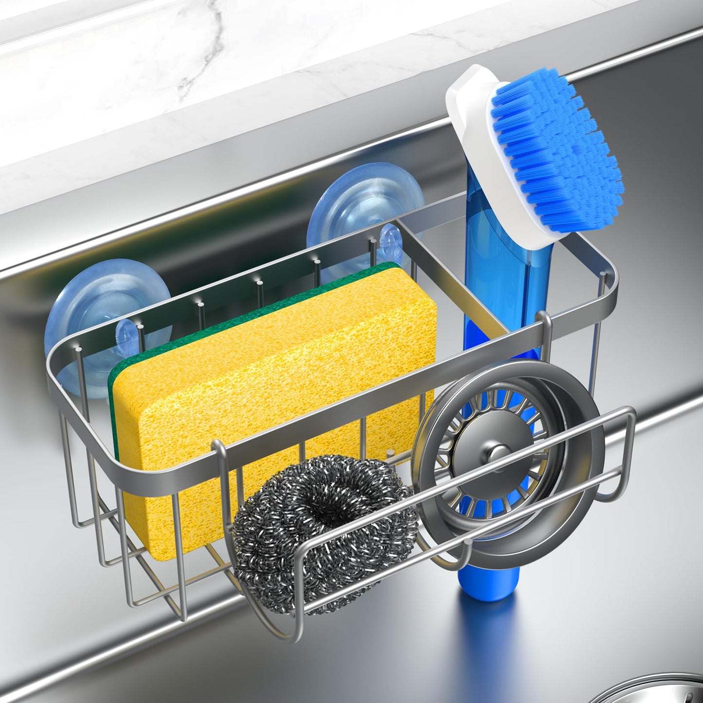 3-in-1 Kitchen Sink Caddy Organizer with Sponge Holder, Brush Holder, Extra Rack for Scrubber, Sink Stopper, Dish Cloth Hanger - Strong Dual Suction Cup, 2.0mm SUS304 Stainless Steel - Grey WN420