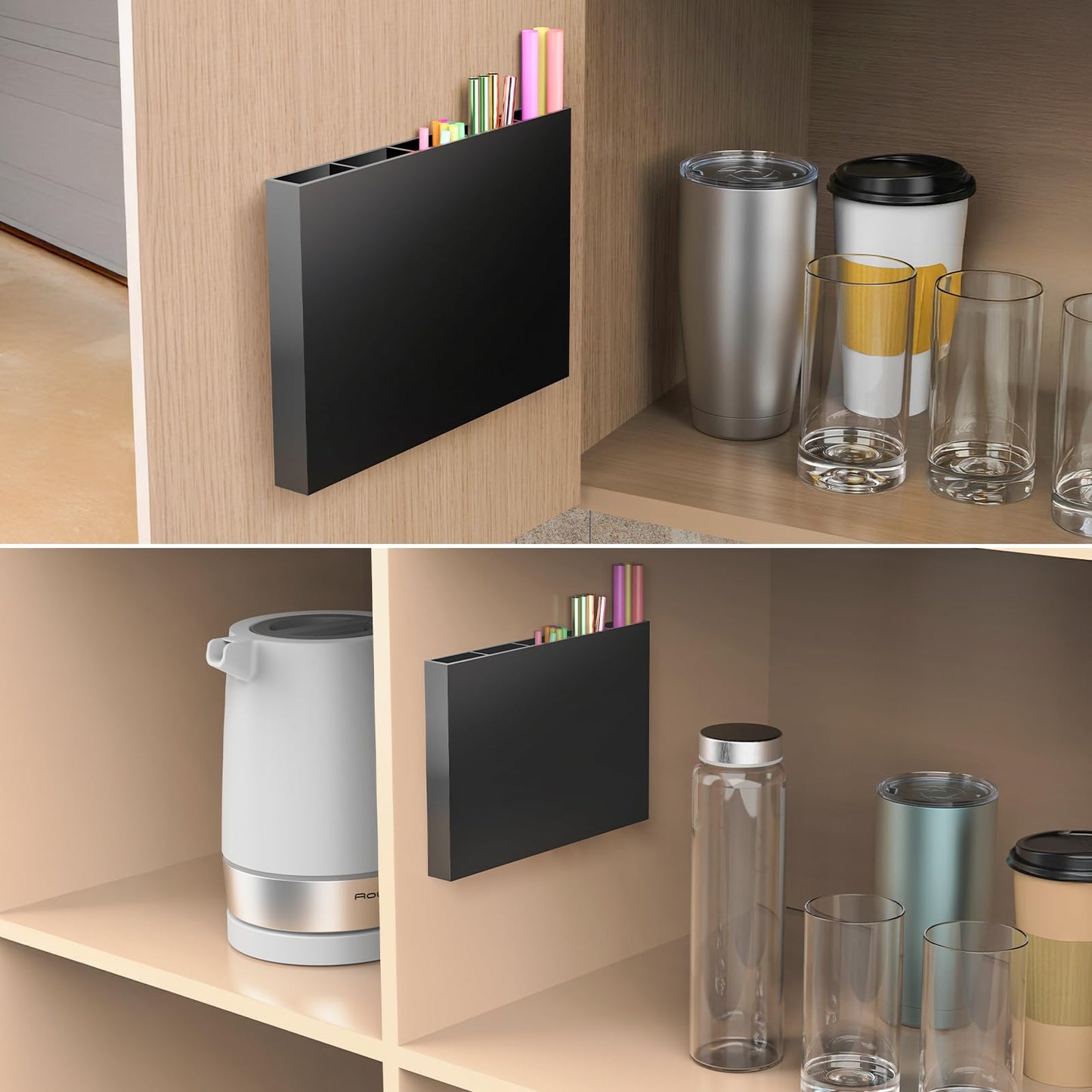 NiHome 10” Large Clear Acrylic Straw Holder for Cabinet Door – Fully Enclosed Straw Organizer for Cabinet Doors or Countertops, Ultra Sticky Mount, Space-Saving Kitchen Accessories Container BST326H