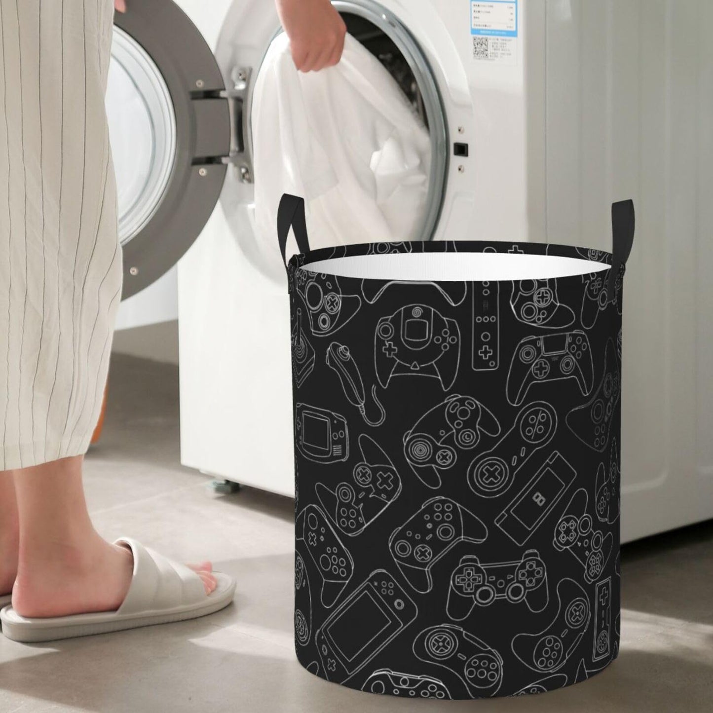 38L Round Laundry Hamper Video Game Controller Background Storage Basket Waterproof Coating Gaming Gadgets Organizer Bin For Nursery Clothes Toys BST202