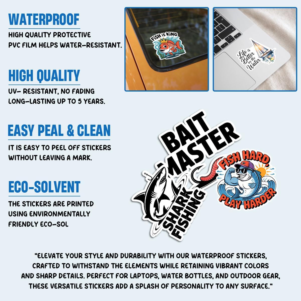 50 Pcs Fishing Sticker Vinyl Fish Decals, Fishing Lures, “Gone Fishin’” and “Fish On!” Nautical Ocean Designs for Tackle Boxes, Coolers, Water Bottles, Laptops, Hard Hats, Journals (3 inch) BST202