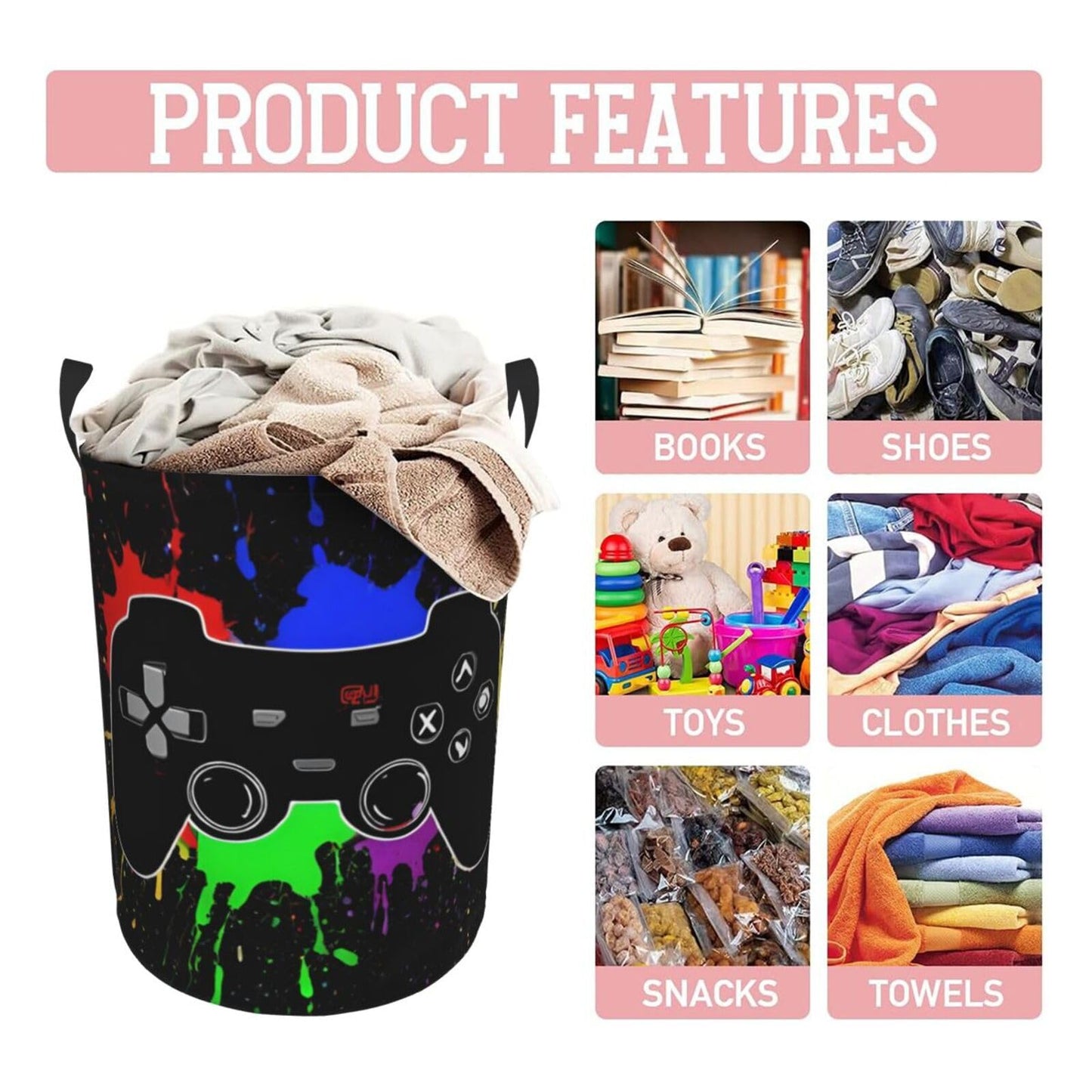 38L Round Laundry Hamper Video Game Controller Background Storage Basket Waterproof Coating Gaming Gadgets Organizer Bin For Nursery Clothes Toys BST202