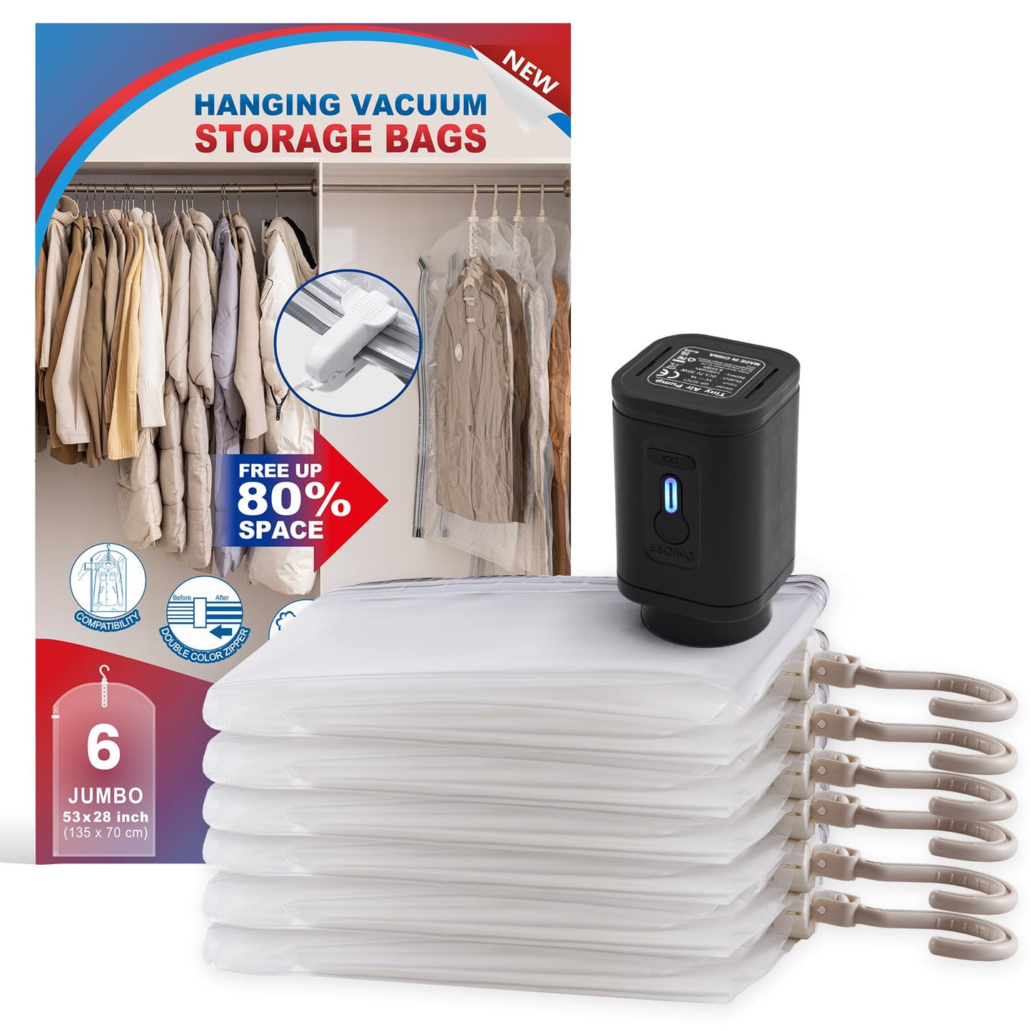 Hanging Vacuum Storage Bags, 6 Pack Hanging Storage Bags for Clothes With Electric Pump N27